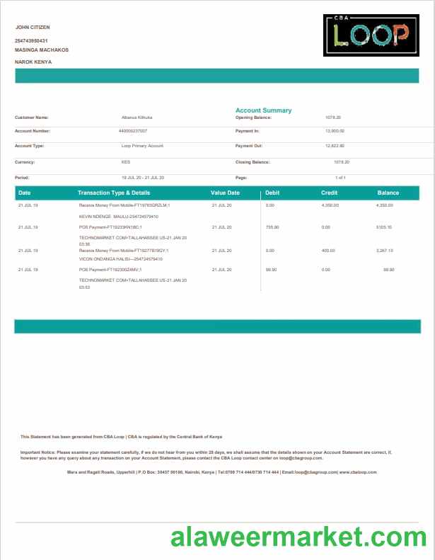 Kenya Loop bank statement Word and PDF template.1